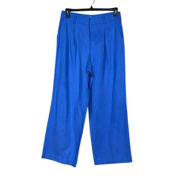 Loft Women Linen Suit Set Blazer Pant Size 8 Wide Leg Coastal Career Luxe Blue - Picture 6 of 8